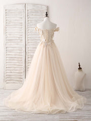 Unique  Lace Applique Tulle Long Champagne Prom Dresses Sweet 16 Dresses