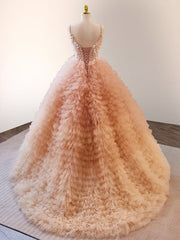 Unique Orange V Neck Tulle Sequin Orange Pink Long Quinceanera Dresses