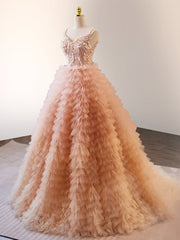 Unique Orange V Neck Tulle Sequin Orange Pink Long Quinceanera Dresses