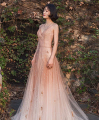 Unique Pink Tulle Long Prom Dresses, Tulle Pink Evening Dresses