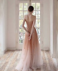 Unique Pink Tulle Long Prom Dresses, Tulle Pink Evening Dresses