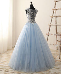 Unique Round Neck Tulle Lace Long Prom Dresses, Long Evening Dresses