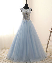 Unique Round Neck Tulle Lace Long Prom Dresses, Long Evening Dresses