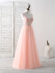 Unique Tulle Beads Long Prom Dresses, Tulle Evening Dresses