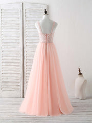 Unique Tulle Beads Long Prom Dresses, Tulle Evening Dresses