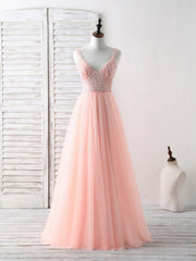 Unique Tulle Beads Long Prom Dresses, Tulle Evening Dresses