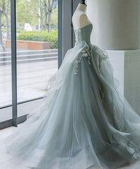 Unique Tulle Lace Gray Green Long Prom Gown, Tulle Lace Evening Dresses