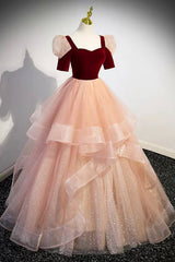 Unique Velvet Long A-Line Prom Dresses with Ruffles, Cute Evening Party Dresses