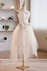 Unique White Strapless Irregular Tulle Short Prom Dresses, White Party Dresses