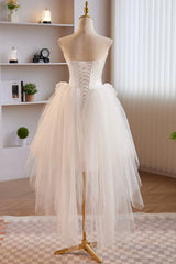 Unique White Strapless Irregular Tulle Short Prom Dresses, White Party Dresses