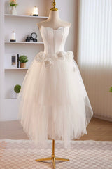 Unique White Strapless Irregular Tulle Short Prom Dresses, White Party Dresses