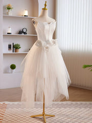 Unique White Tulle Satin Short Prom Dresses, White Homecoming Dresses