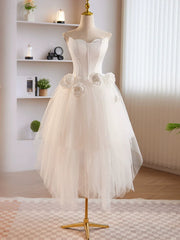 Unique White Tulle Satin Short Prom Dresses, White Homecoming Dresses