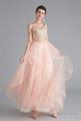 V-Neck Beaded Applique Asymmetrical Sleeveless Tulle Prom Dresses