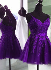 V Neck Beaded Purple Lace Prom Dresses, Purple Lace Homecoming Dresses Short Party Dresses