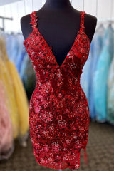 V-Neck Burgundy Sequin Appliques Tight Homecoming Dresses