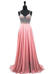 V-neck Heavy Beaded African Pink Chiffon Backless Prom Dresses