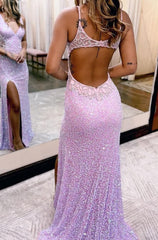 v neck hollow out backless sequins mermaid prom dress with slit