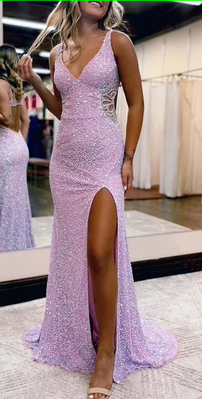 v neck hollow out backless sequins mermaid prom dress with slit