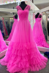 V Neck Hot Pink Black Long Prom Dresses, Pink Black Long Formal Evening Dresses