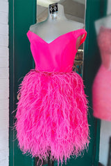 V-Neck Hot Pink Tight Homecoming Dresses with Feathered Skirt