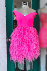 V-Neck Hot Pink Tight Homecoming Dresses with Feathered Skirt