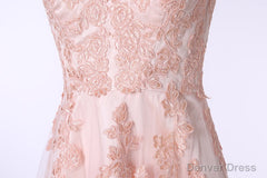 V-Neck Lace Applique Tulle A Line Peach Pink Prom Dresses