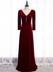 V-neck Long Sleeve Velvet Burgundy Prom Dresses