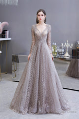 V-neck Long Sleeves Floor Length Lace A-line Prom Dresses