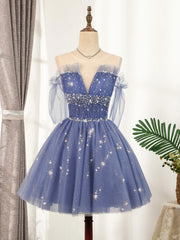 V Neck Off the Shoulder Short Blue Prom Dresses, Short Blue V Neck Graduation Homecoming Dresses