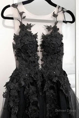 V Neck Open Back Black Tulle Lace Floral Long Prom Dresses, Black Lace Formal Evening Dresses with Appliques