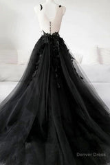 V Neck Open Back Black Tulle Lace Floral Long Prom Dresses, Black Lace Formal Evening Dresses with Appliques