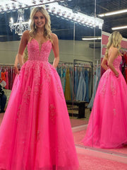 V Neck Pink A Line Lace Long Prom Dresses