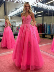 V Neck Pink A Line Lace Long Prom Dresses