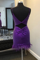 V-Neck Purple Sequins Homecoming Dresses with Feather Hem