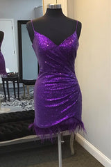 V-Neck Purple Sequins Homecoming Dresses with Feather Hem