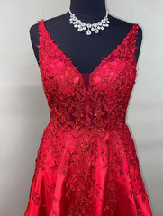 V-neck Red Long Prom Dresses with Lace and Beading