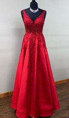 V-neck Red Long Prom Dresses with Lace and Beading