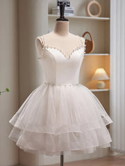 V Neck Short Ivory Layered Prom Dresses, Short Ivory Graduation Homecoming Dresses