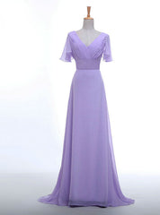 V-neck Short Sleeve Chiffon Long Women Elegant Lavender Color