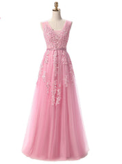 V Neck Tulle A Line Pink Evening Dresses Prom Gown