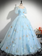 V Neck Tulle Lace Blue Long Prom Dresses, A-Line Blue Lace Long Sweet 16 Dresses