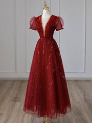 V Neck Tulle Sequin Tea Length Burgundy Prom Dresses, Burgundy Evening Dresses