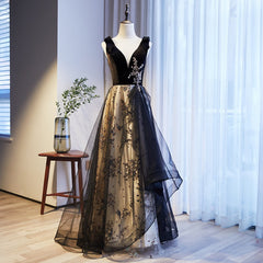 V-neckline Black Tulle with Velvet Top Long Evening Dresses Party Dresses, A-line Wedding Party Dresses