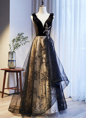 V-neckline Black Tulle with Velvet Top Long Evening Dresses Party Dresses, A-line Wedding Party Dresses