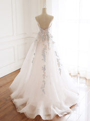 V-neckline Lace Applique Floor Length Party Dresses, Charming White Floral Prom Dresses