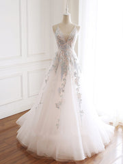 V-neckline Lace Applique Floor Length Party Dresses, Charming White Floral Prom Dresses