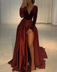 V Neckline Velvet Bodice Burgundy Prom Dresses Sexy Leg Slit