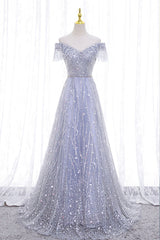 A-Line Tulle Sequins Long Prom Dresses, Off the Shoulder Evening Party Dresses