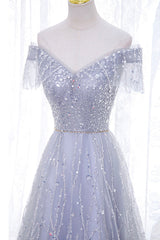 A-Line Tulle Sequins Long Prom Dresses, Off the Shoulder Evening Party Dresses